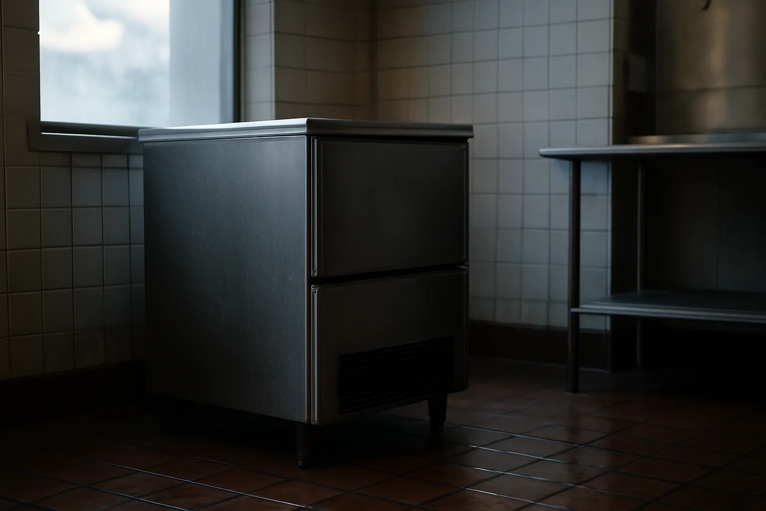 Unbranded commercial ice machine in a restaurant kitchen at dawn