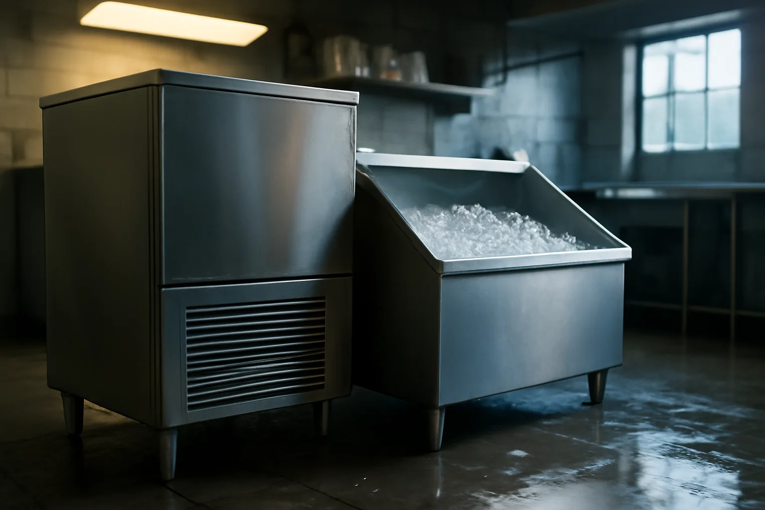 Stainless ice maker and cube bin in a restaurant kitchen