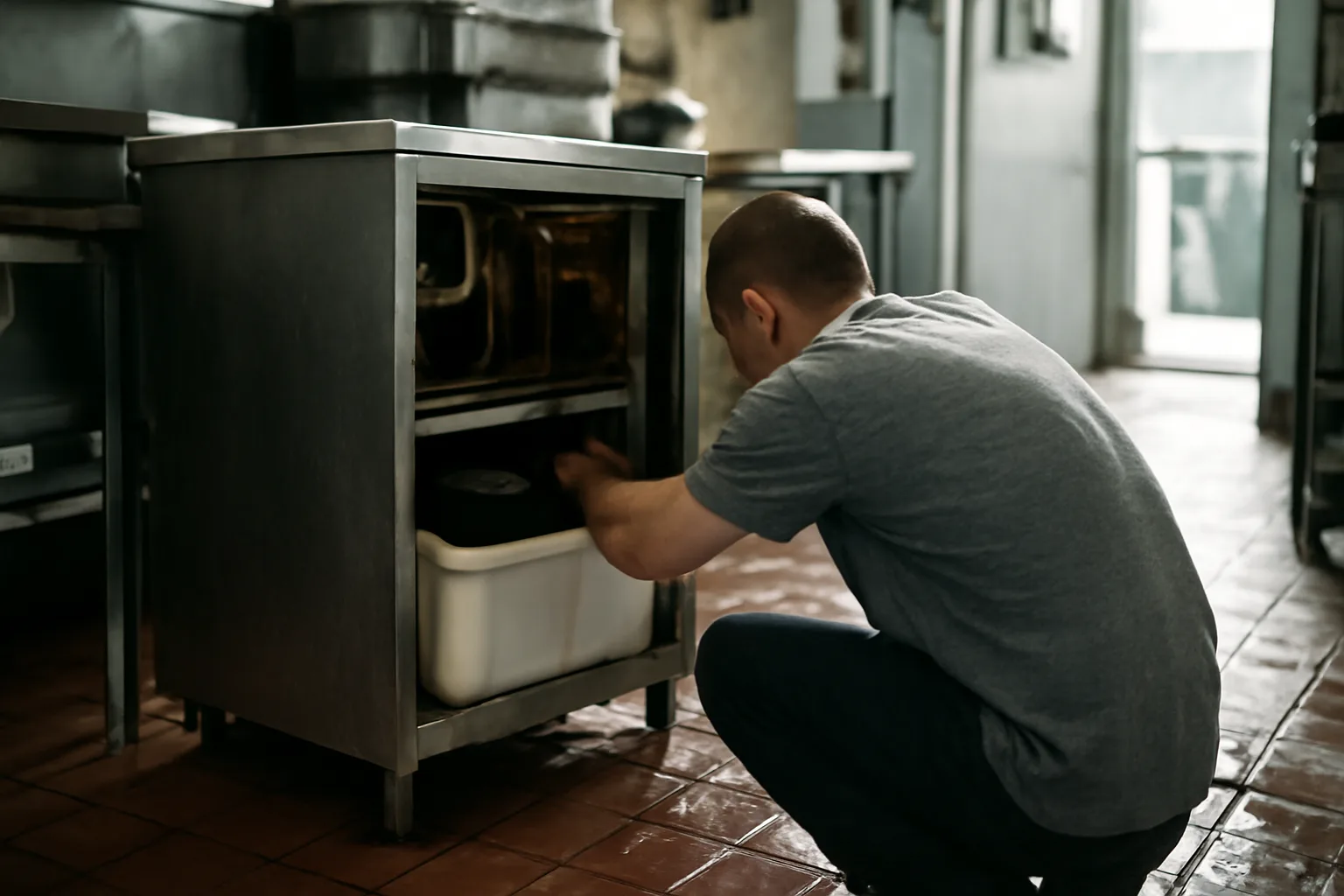 Technician crouched beside an open commercial ice machine