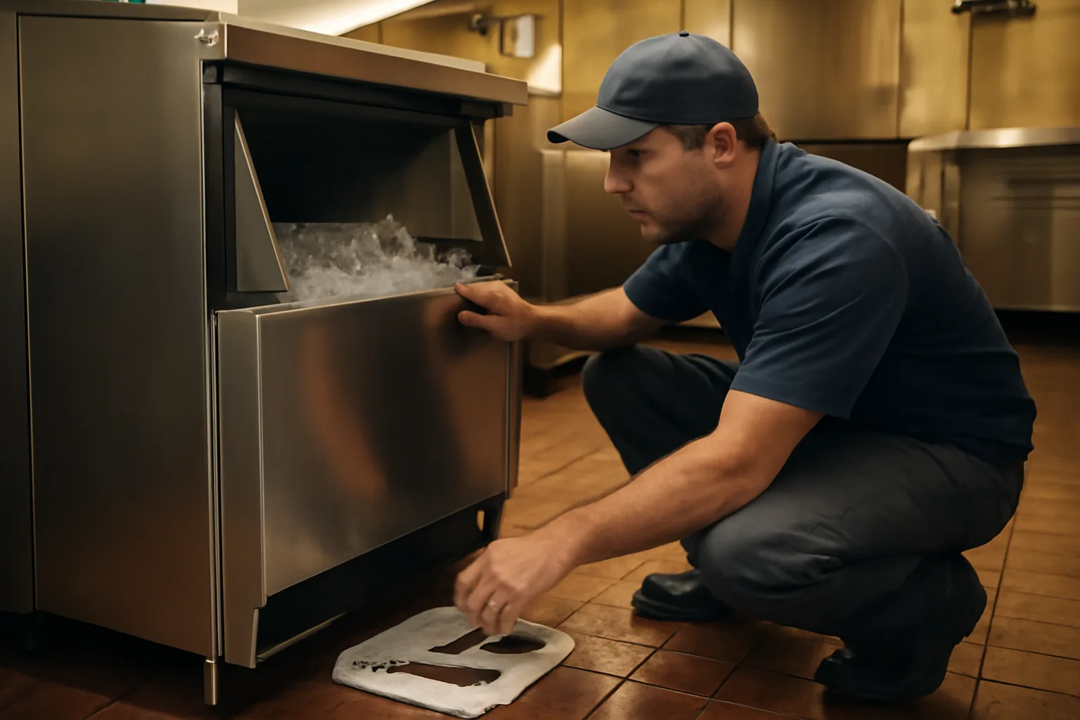 Technician servicing a stainless commercial ice maker in a kitchen