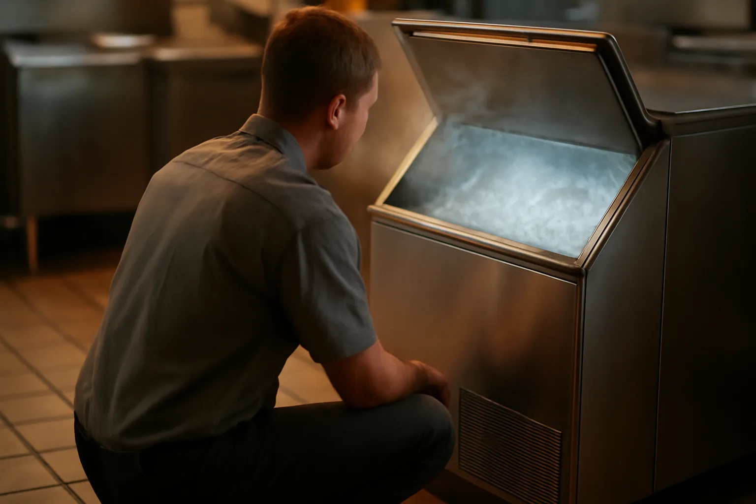 Technician kneeling beside a stainless ice machine in a restaurant kitchen