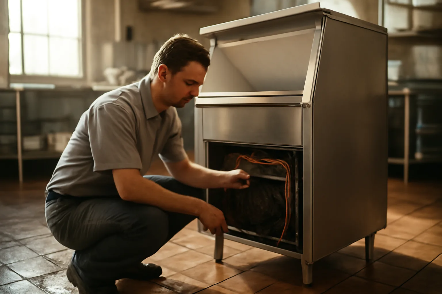 Technician kneeling beside an open commercial ice machine in a kitchen