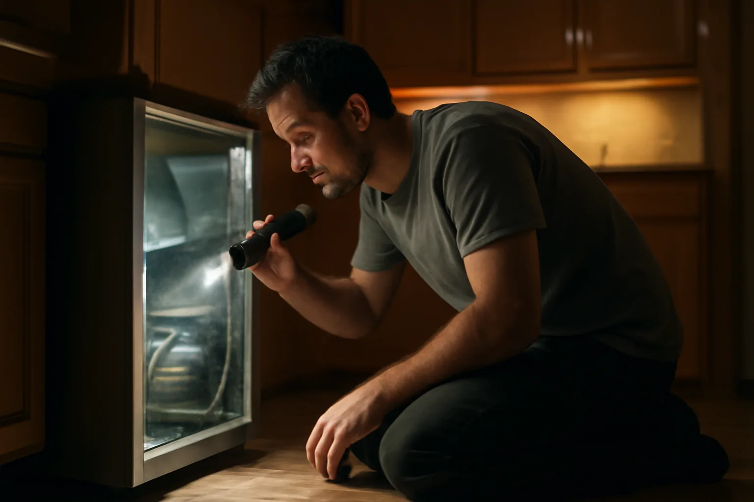 Technician servicing a stainless commercial ice machine in a restaurant kitchen