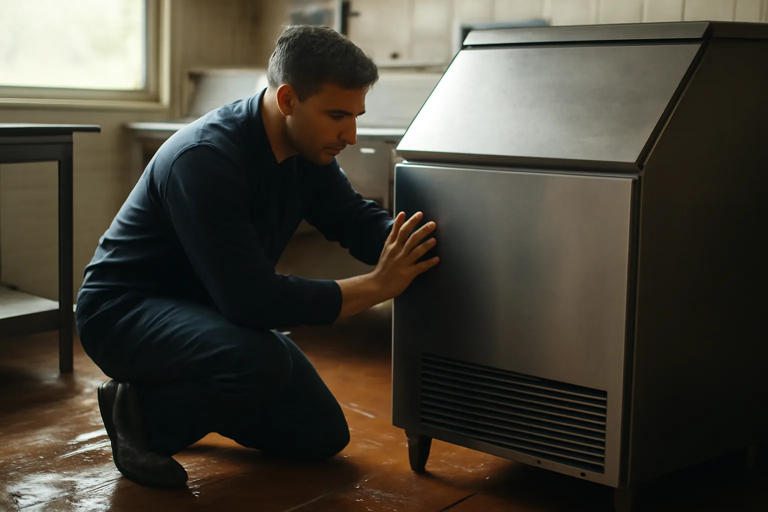 Technician kneeling beside a stainless ice machine in a kitchen