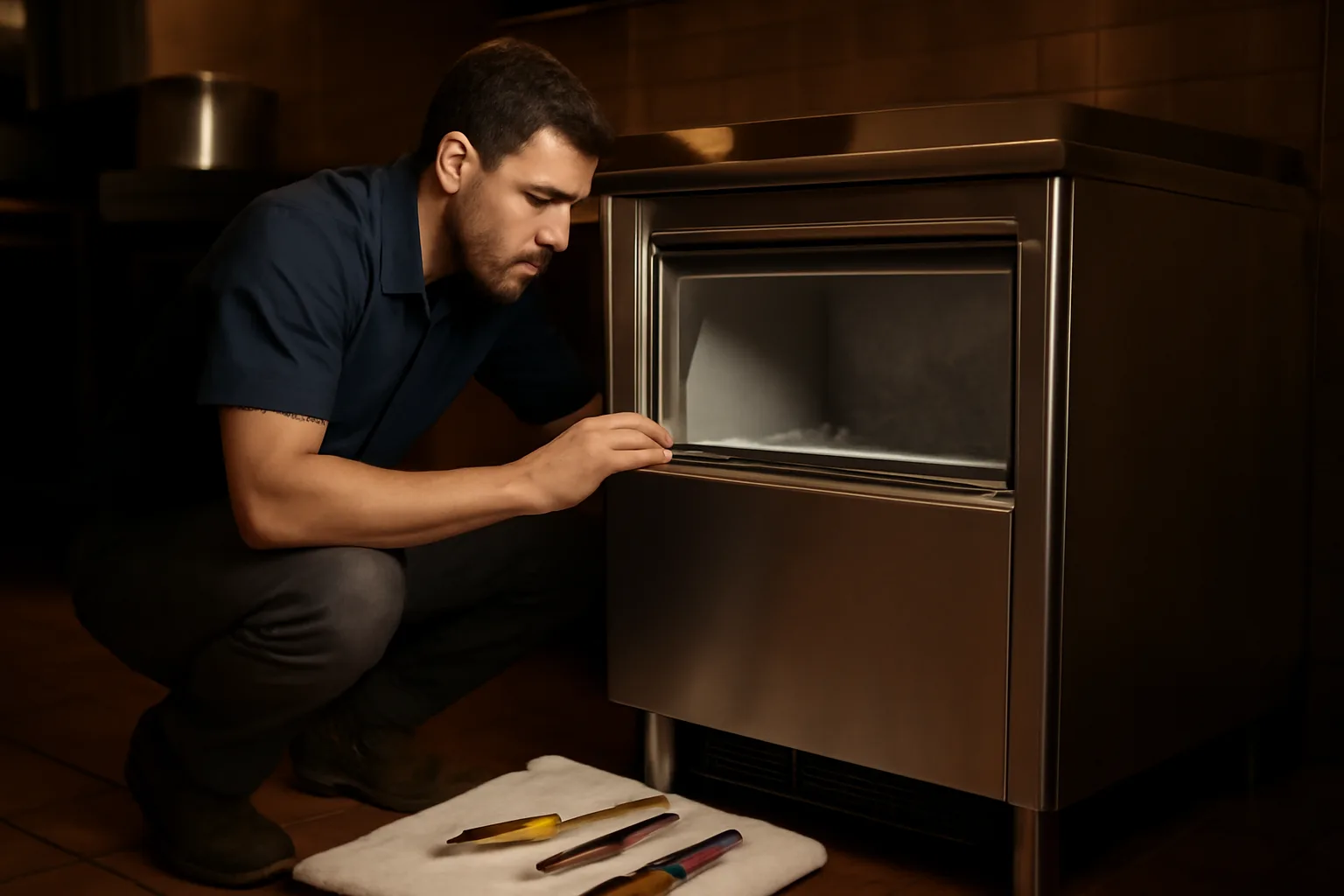 Technician kneeling by a stainless ice maker in a restaurant kitchen