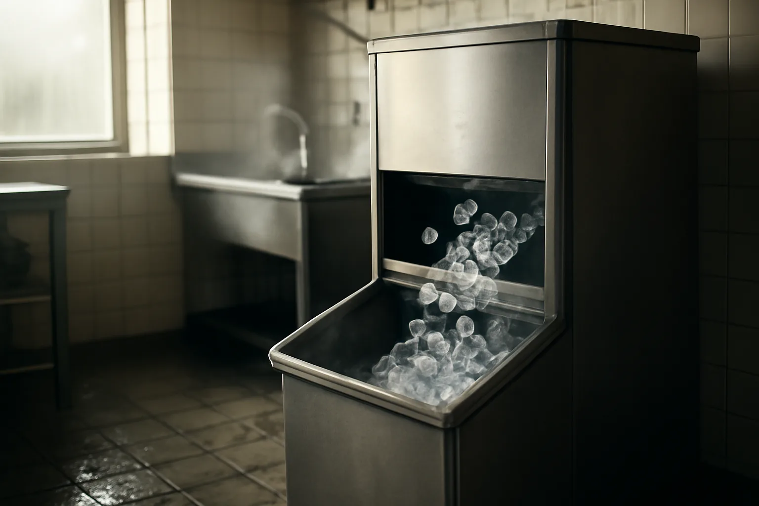 Stainless ice maker filling a bin in a restaurant back room