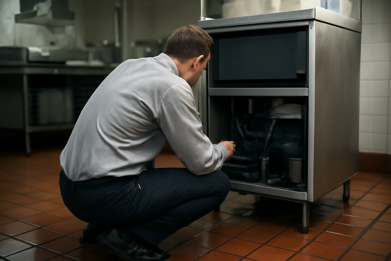 Technician kneeling beside an open stainless ice machine in a kitchen