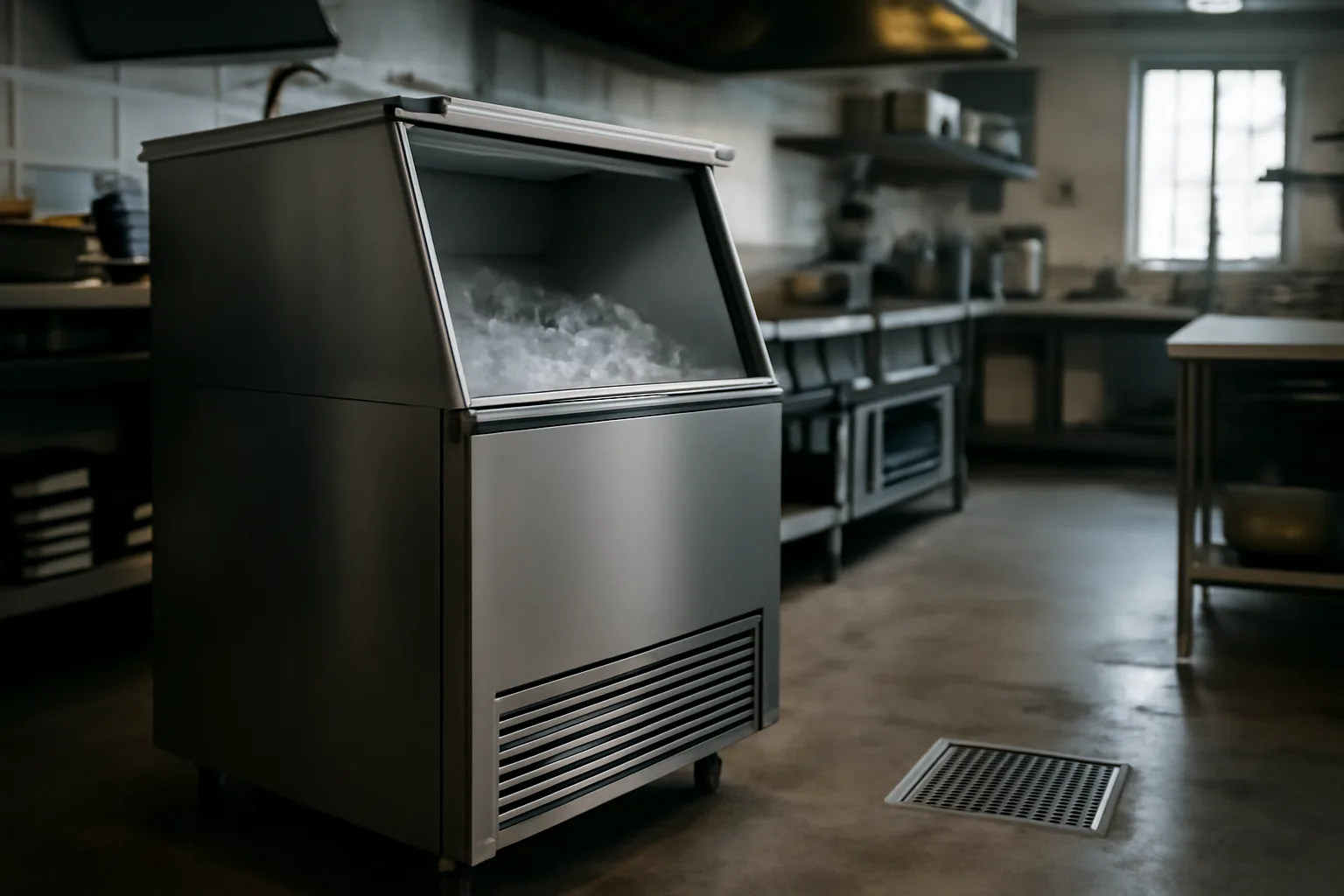 Open commercial ice machine waiting for ice-machine tech service