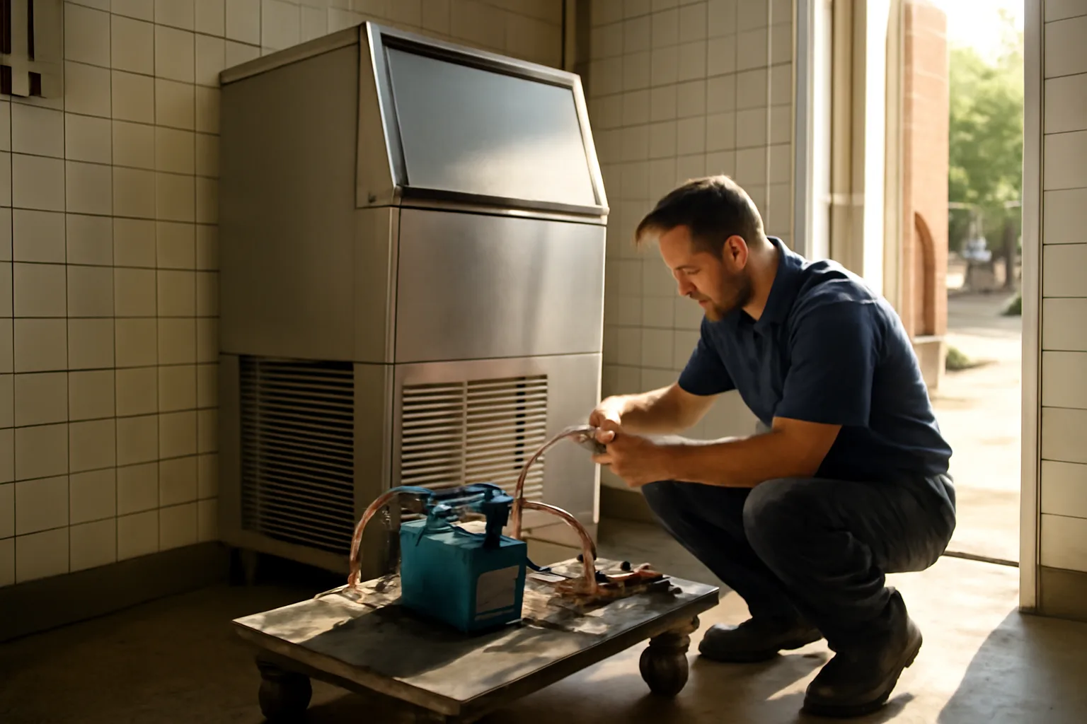 Technician servicing a stainless restaurant ice machine in an Alabama kitchen
