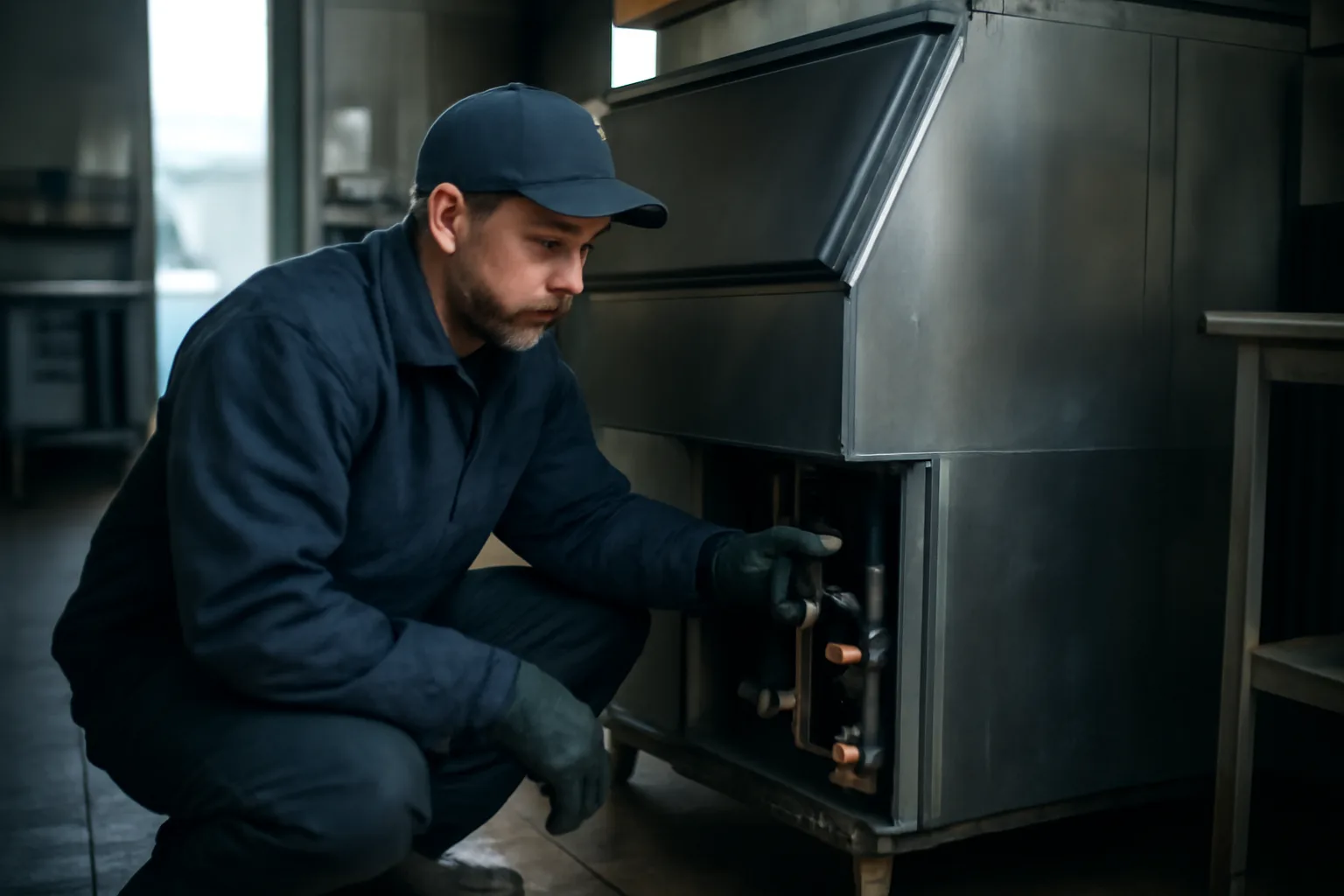 Technician servicing a commercial ice machine in an Alaska kitchen