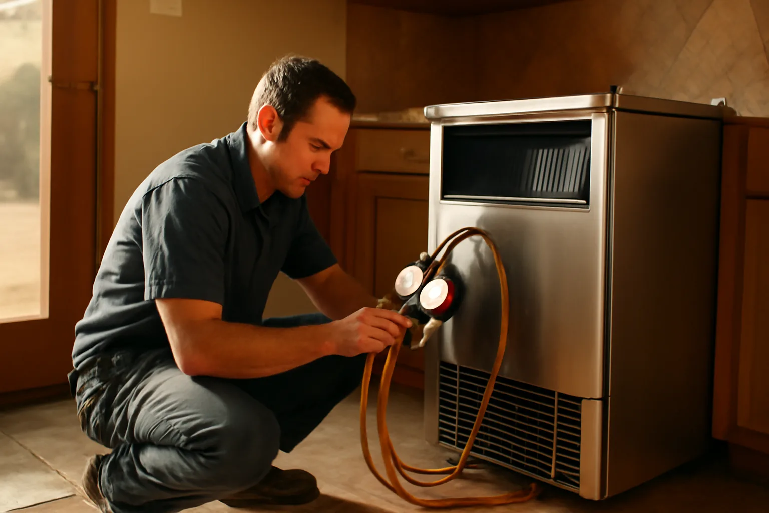 Technician servicing a commercial ice machine in a Phoenix kitchen