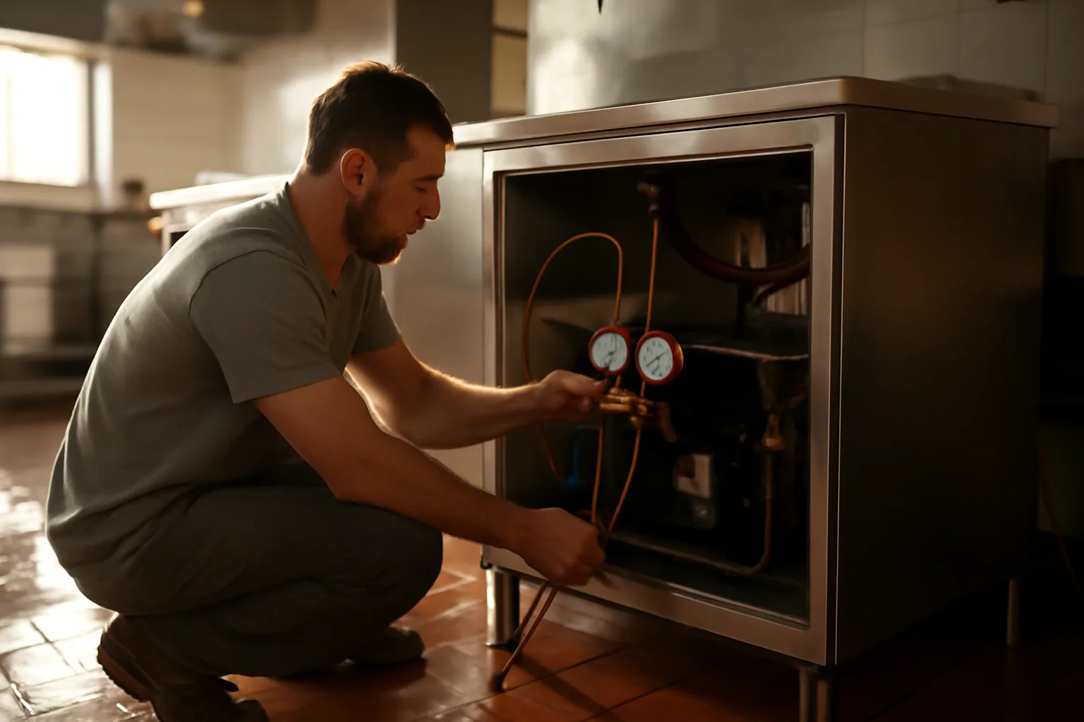 Technician servicing a stainless ice machine in a Little Rock kitchen