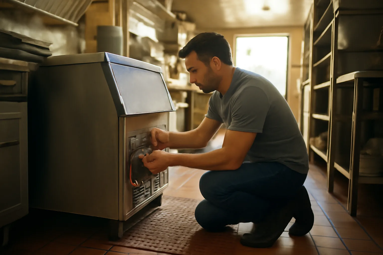 Technician servicing a commercial ice machine in a California kitchen