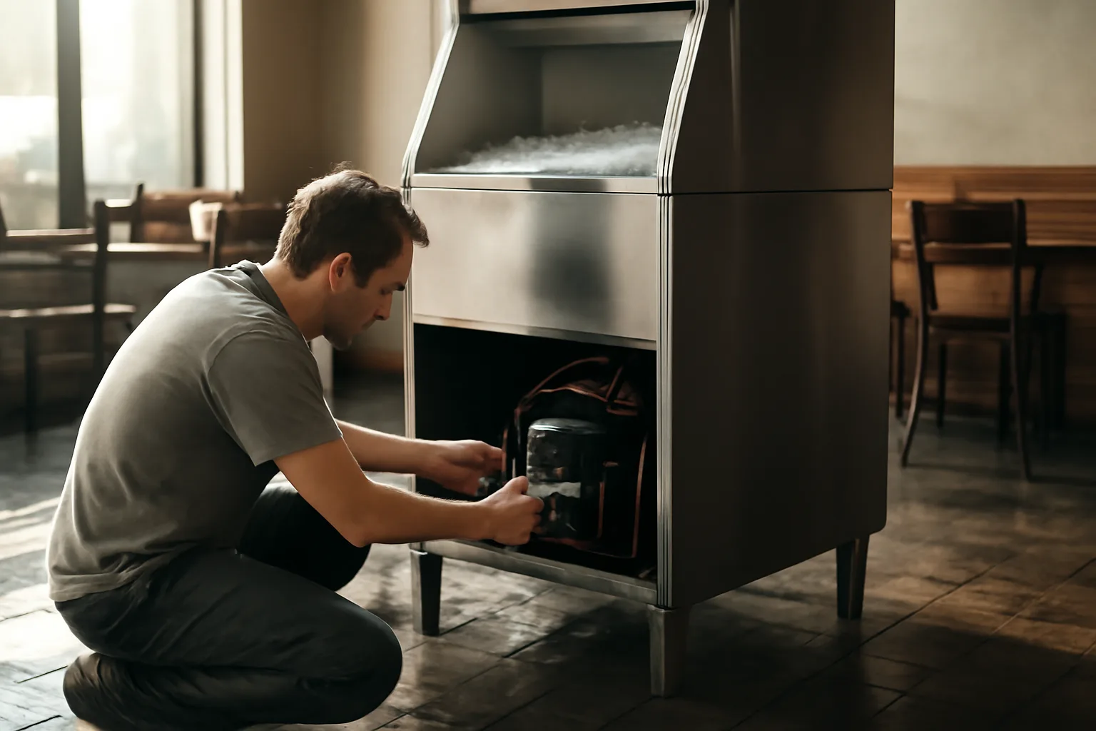 Technician servicing a commercial ice machine in a Colorado kitchen