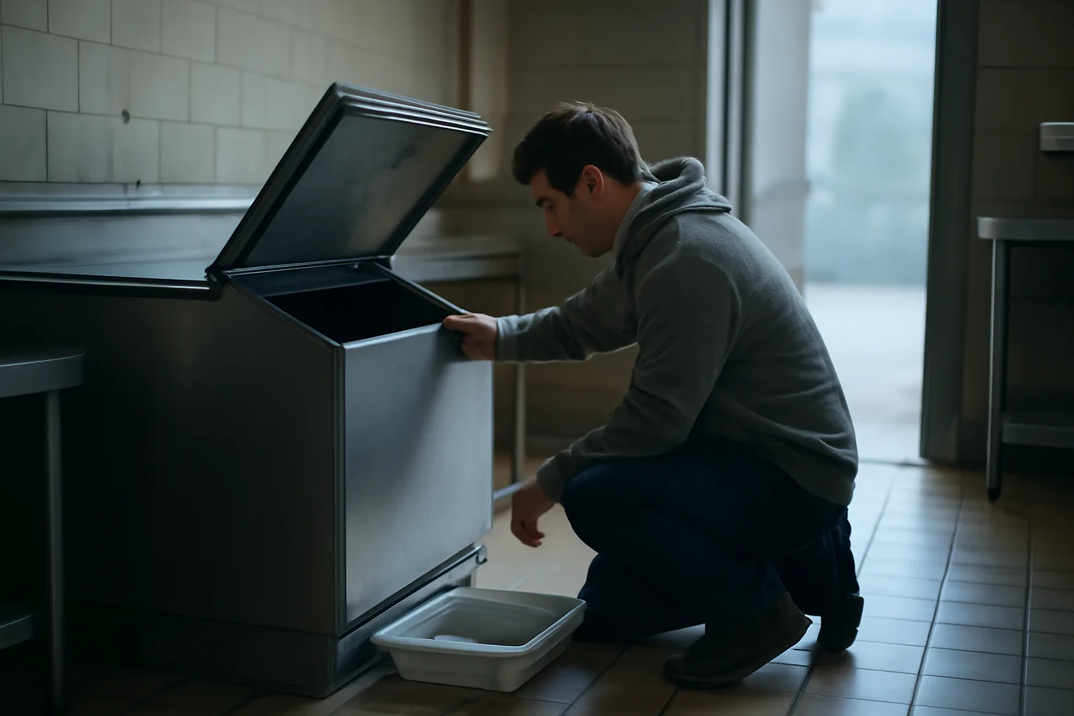 Technician kneeling beside a stainless ice machine in a kitchen