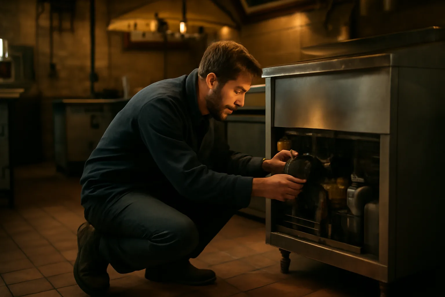 Ice-machine technician inspecting commercial unit in Vermont restaurant kitchen