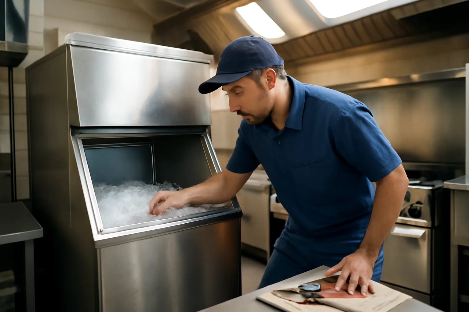 Technician examining ice machine components inside a Virginia restaurant kitchen
