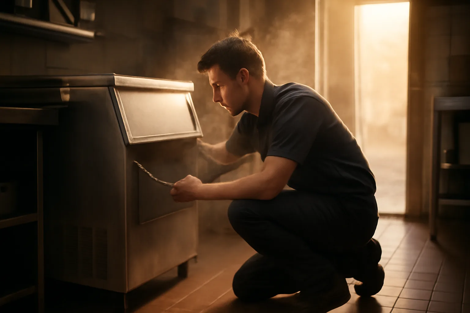 Technician kneeling by a commercial ice machine in an Alabama kitchen