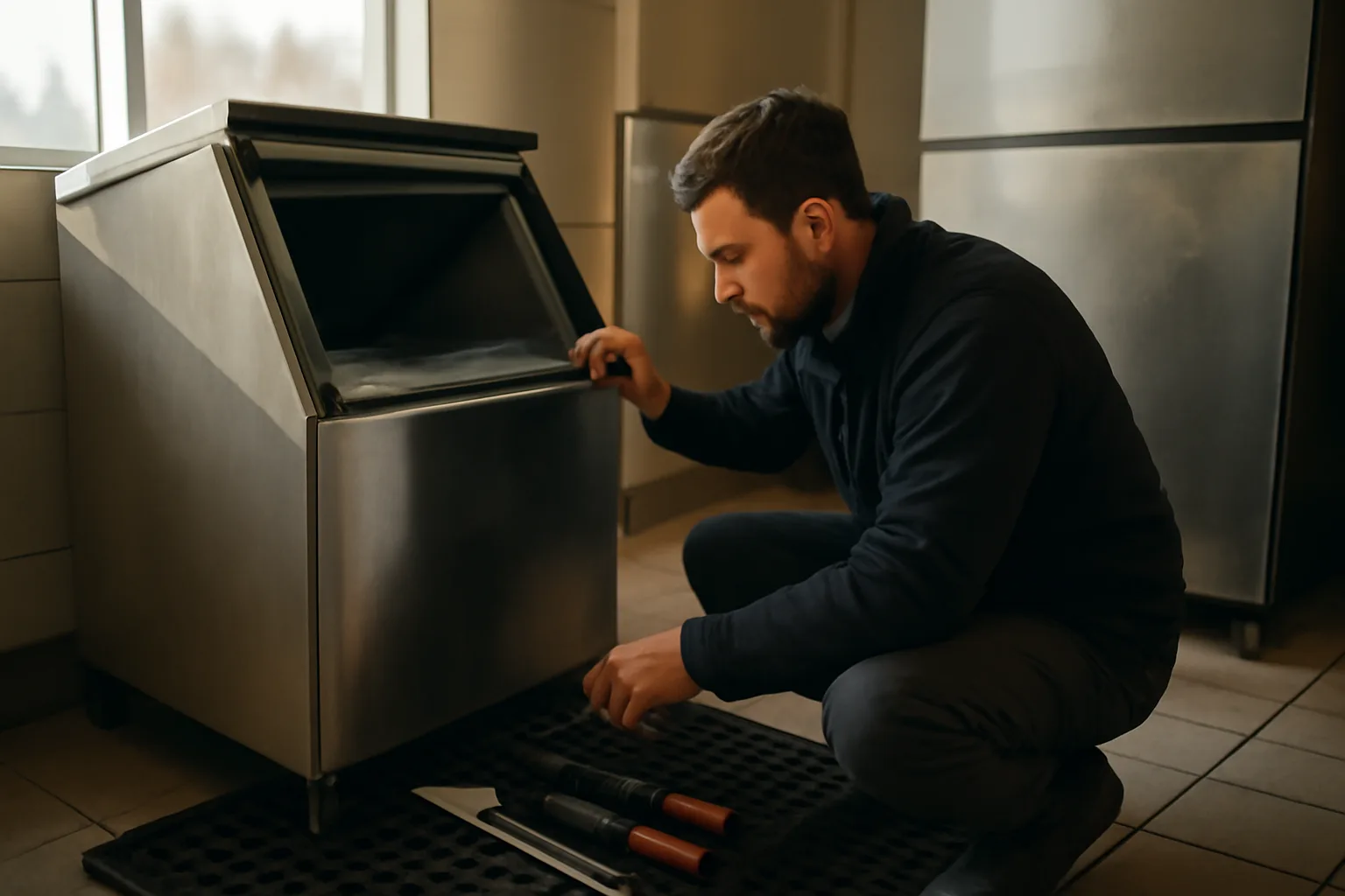 Technician kneeling by a commercial ice machine in an Alaska kitchen