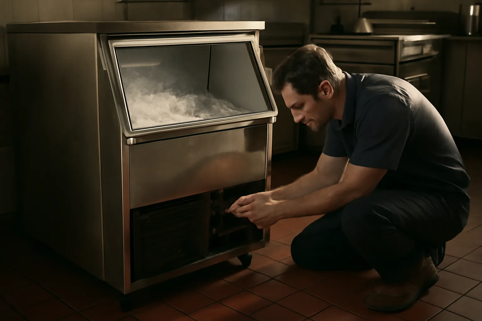 Technician servicing a stainless ice machine in a Phoenix kitchen