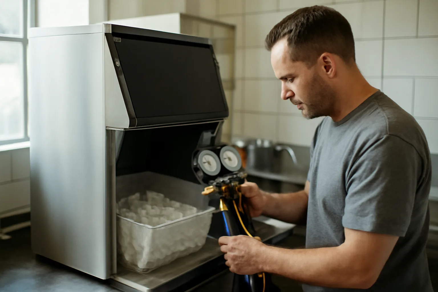 Technician checking a commercial ice machine in an Arkansas kitchen