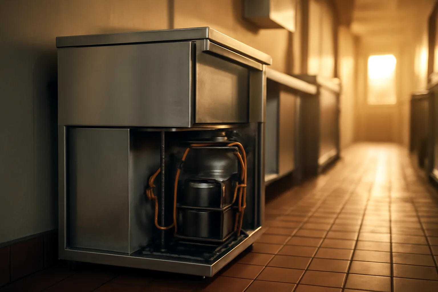 Open stainless ice machine in a Los Angeles restaurant corridor at dawn