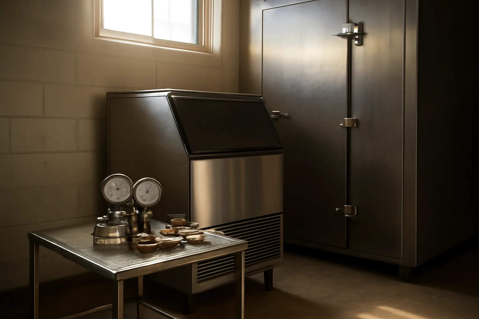 Stainless ice machine in a Denver restaurant kitchen ready for service