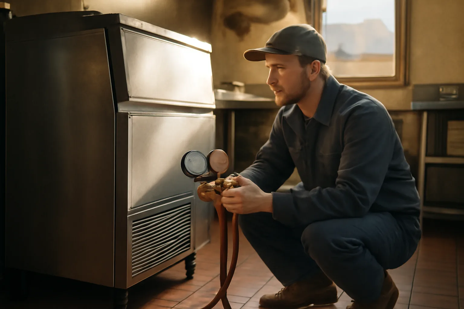 Technician checking refrigerant gauges on a commercial ice machine in a Utah restaurant kitchen