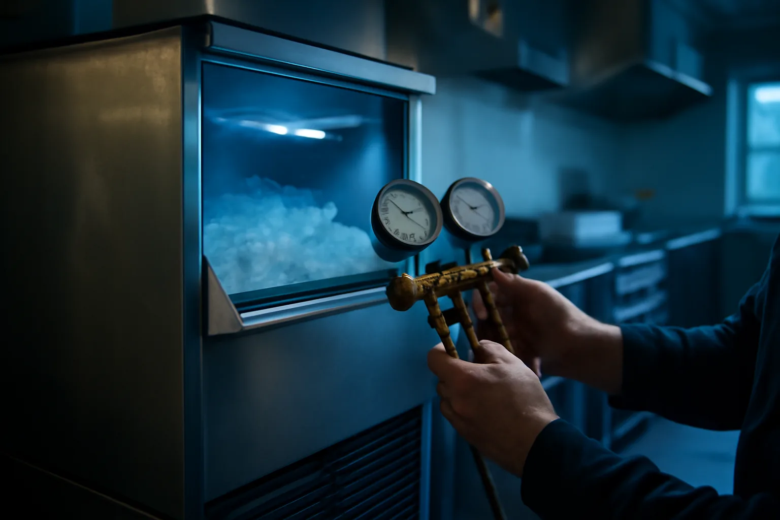 Technician checking a commercial ice machine with gauge set in a commercial kitchen