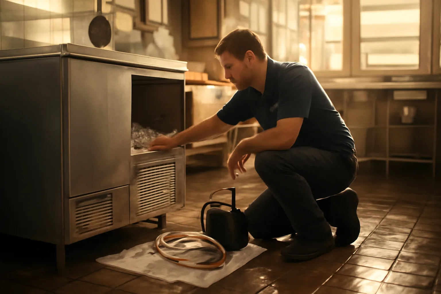 Technician working on a commercial ice machine in an Alabama kitchen