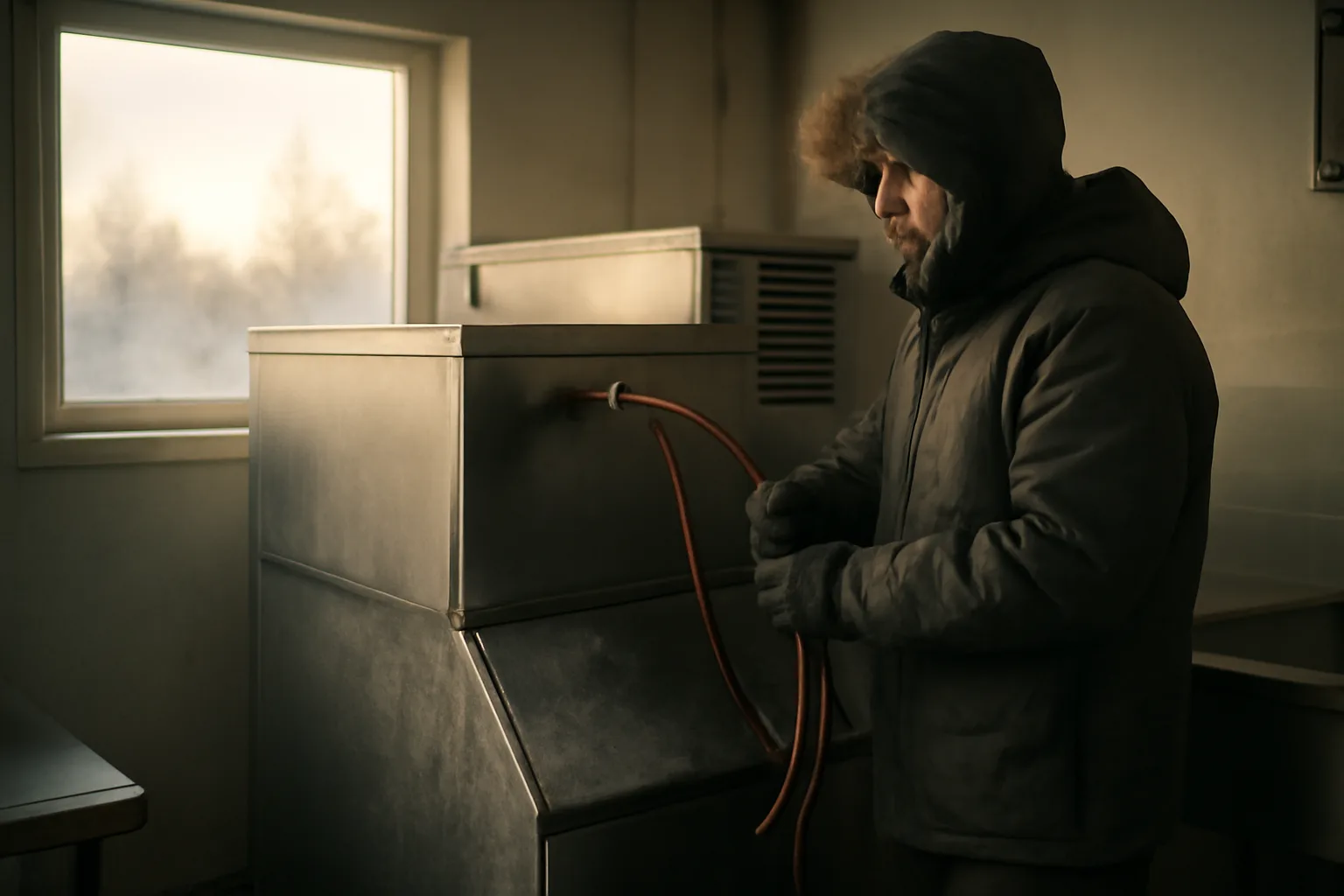 Technician servicing a stainless ice machine in an Alaskan kitchen