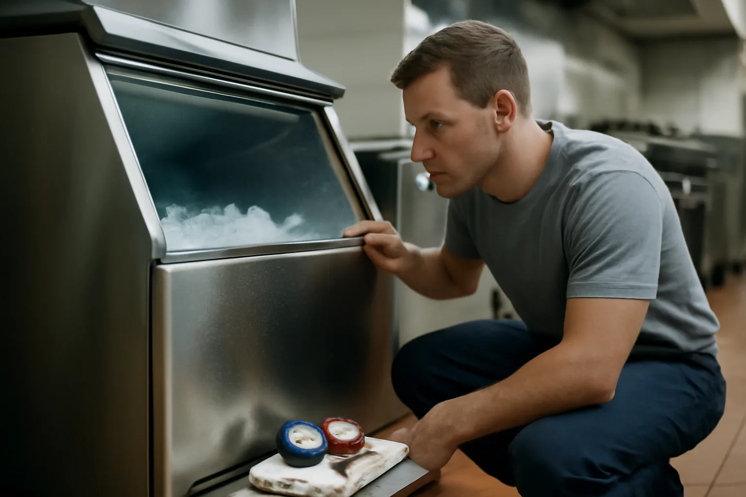 Technician working on a commercial ice machine in a Phoenix kitchen