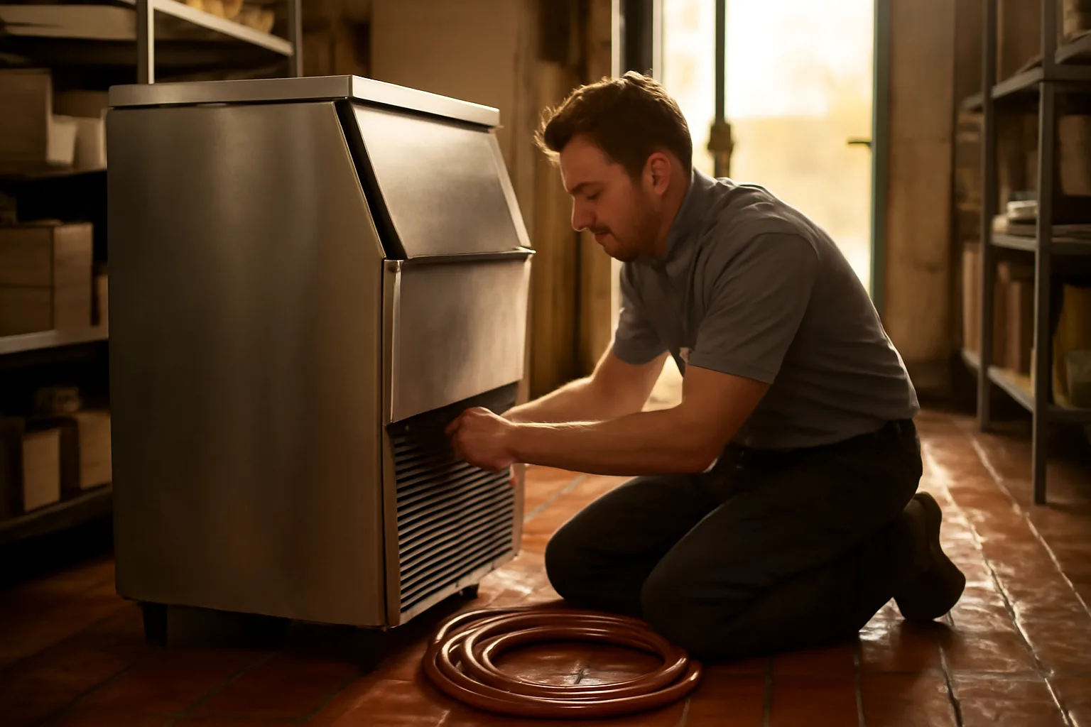 Technician servicing a commercial ice machine in an Arkansas kitchen