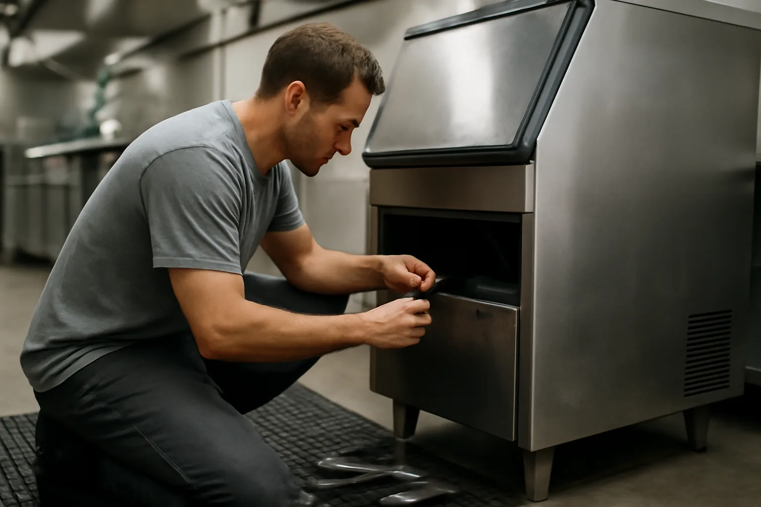 Technician kneeling beside a stainless ice machine in a kitchen