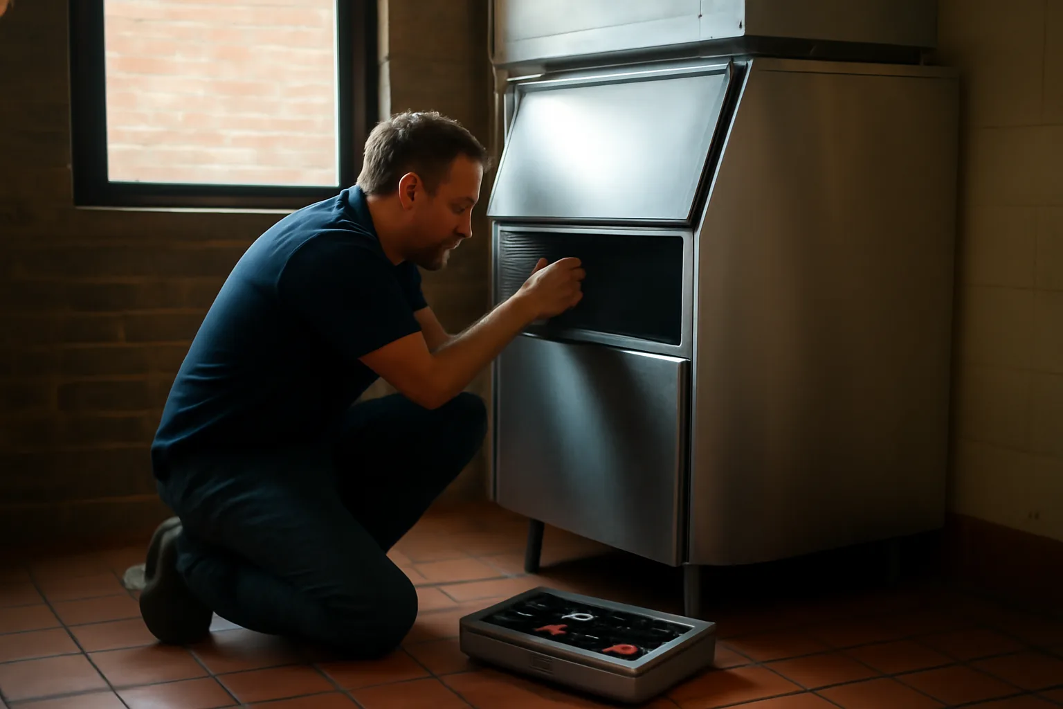 Technician kneeling by a stainless ice machine in a kitchen