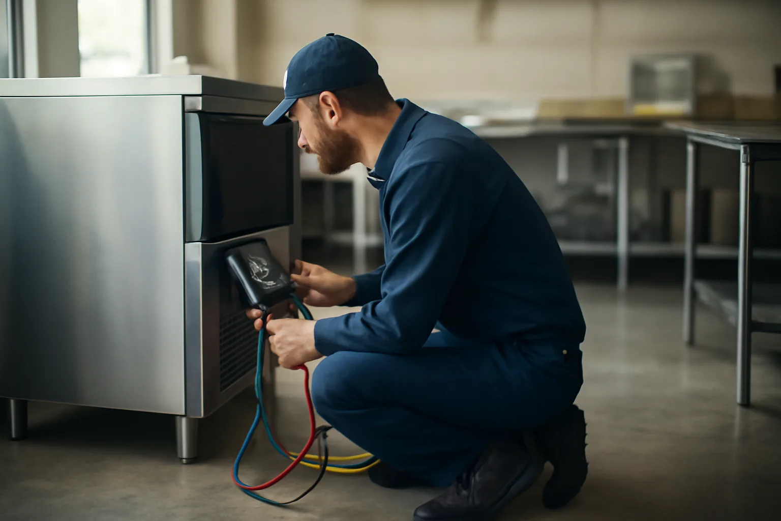 Ice-machine technician using refrigerant gauges on a commercial ice machine in Utah