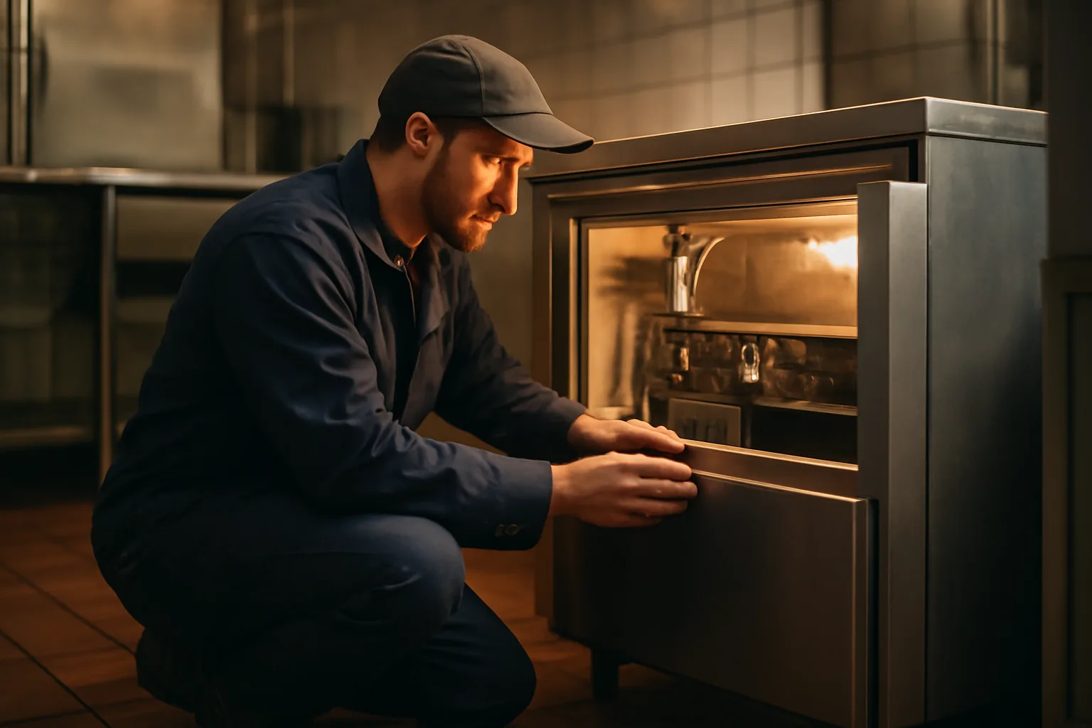 Technician inspecting a commercial ice machine in a Vermont restaurant kitchen