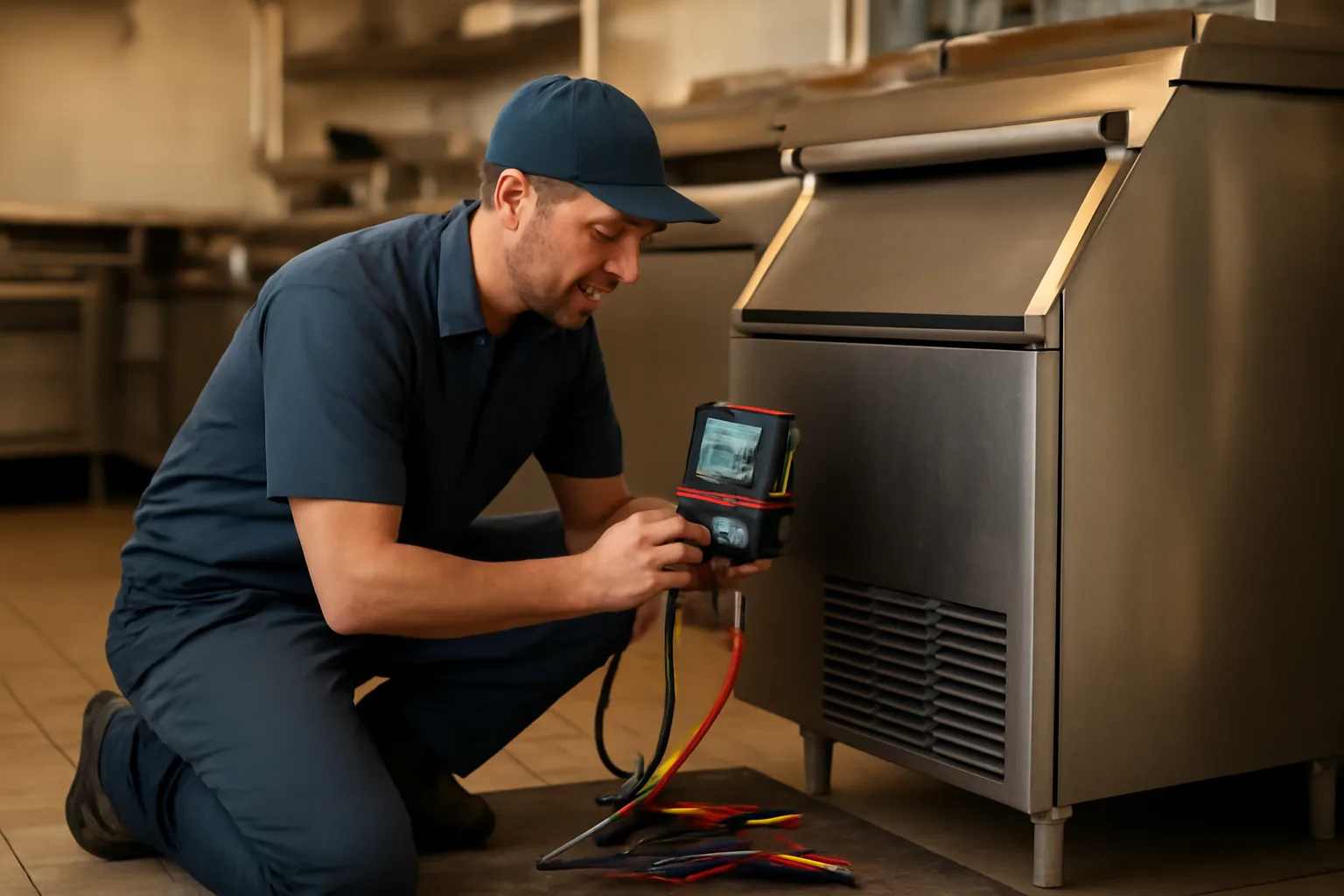 Technician servicing a commercial ice machine in a restaurant kitchen
