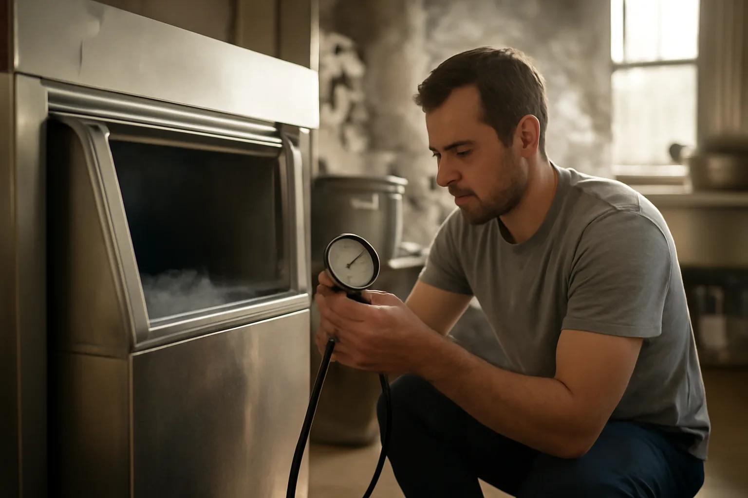 Technician servicing a restaurant ice machine in a Birmingham kitchen