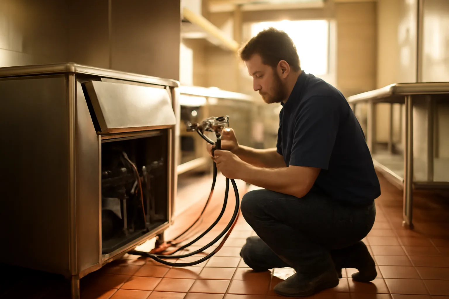 Technician servicing a commercial ice machine in an Arizona kitchen