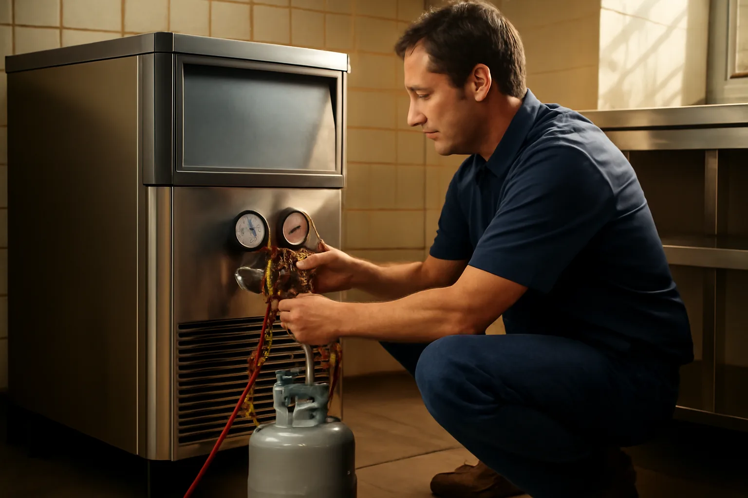 Technician kneeling beside a restaurant ice machine in Arkansas