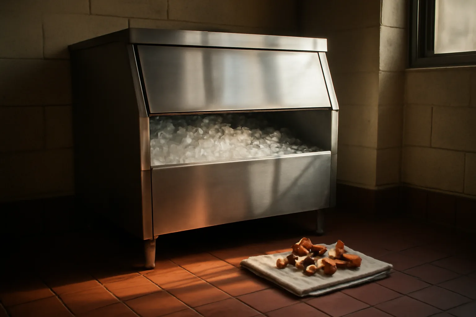Commercial ice machine in a California restaurant kitchen before service