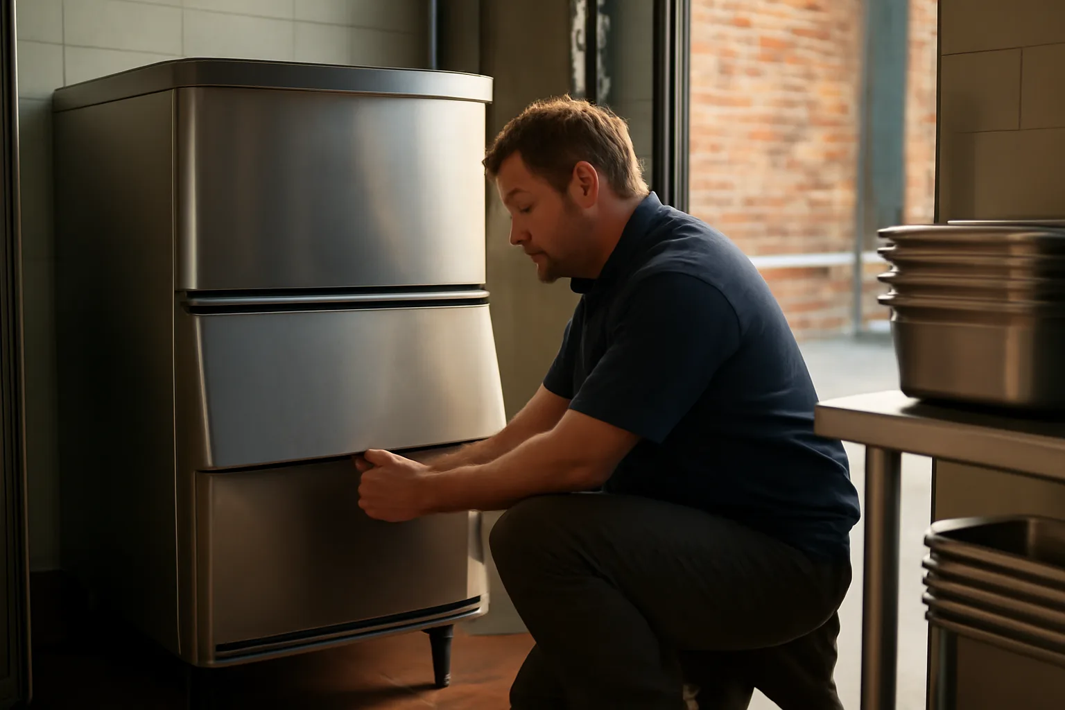 Technician beside a stainless ice machine in a Colorado kitchen
