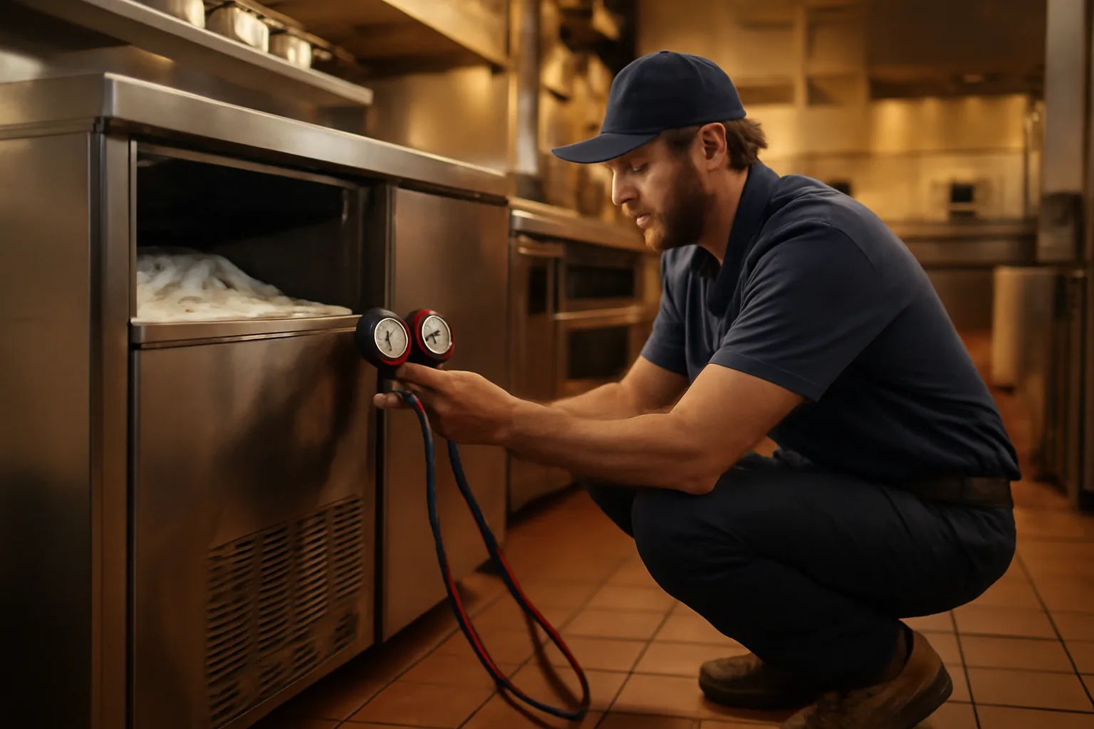 Ice machine technician checking refrigerant gauges on a commercial ice machine in a Utah restaurant kitchen