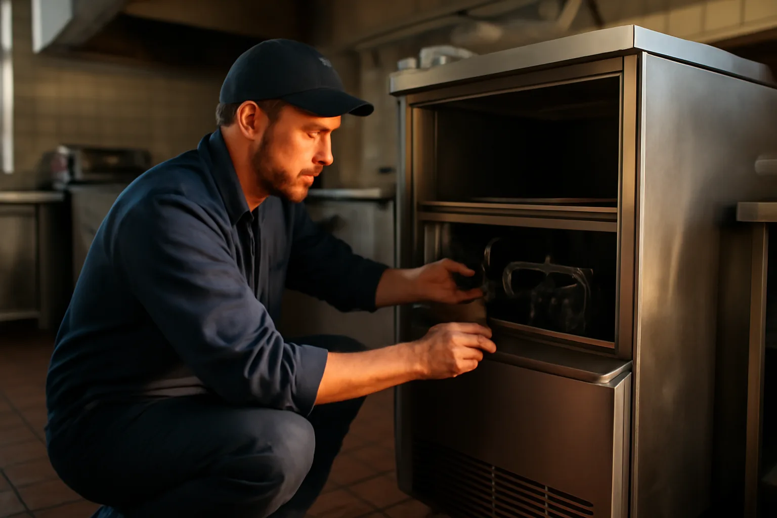 Ice-machine technician inspecting a commercial ice maker in a Vermont restaurant kitchen