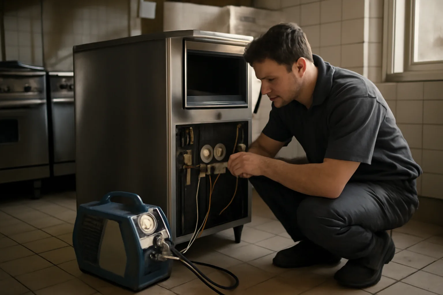Technician servicing a commercial ice machine in a professional kitchen