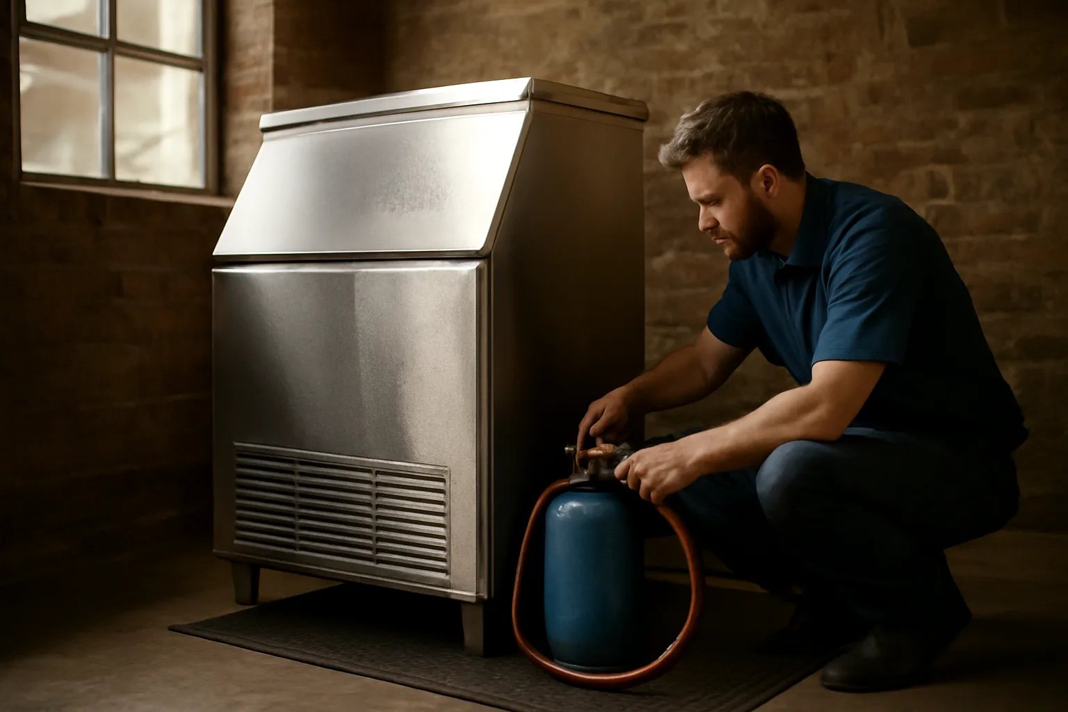 Technician servicing a commercial ice machine in an Alabama kitchen