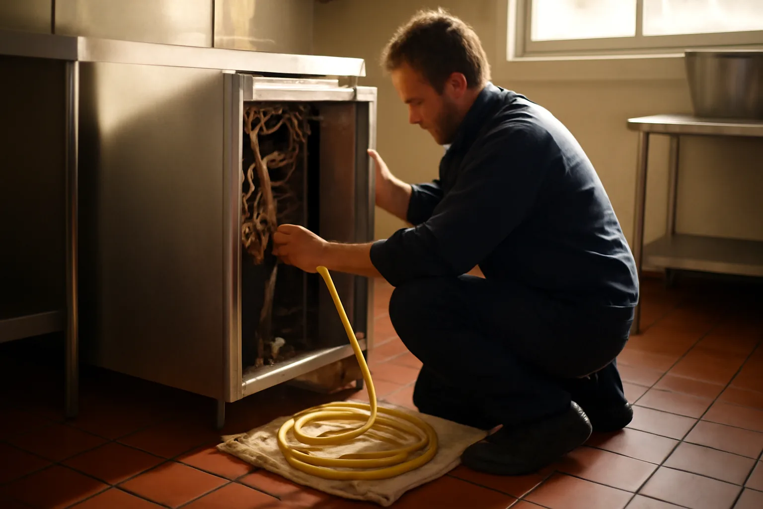 Technician servicing a stainless ice machine in an Anchorage kitchen