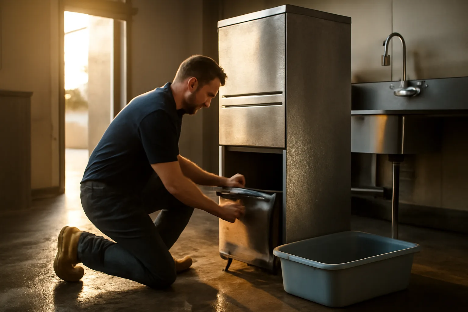 Technician kneeling by a stainless ice machine in an Arizona kitchen