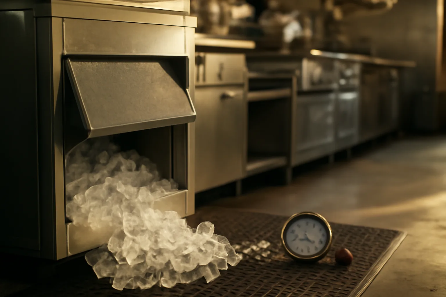 Gauges beside an open ice machine in a California kitchen